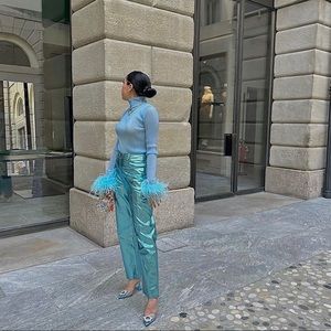 Amy Lynn Ice Blue Lupe Metallic Trousers size Small NWT